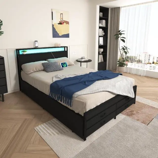 Alt view image 5 of 7 - Queen Bedframe with 4 Roll Out Drawers and 4 Footboard Drawers, Metal Platform Bed with LED Headboard with Charging Station, Multi-functional Double Bed with Solid Metal Support, Noise-Free, Black
