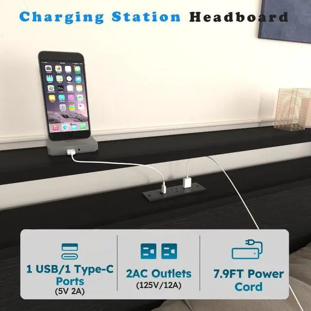 Alt view image 7 of 7 - Queen Bedframe with 4 Roll Out Drawers and 4 Footboard Drawers, Metal Platform Bed with LED Headboard with Charging Station, Multi-functional Double Bed with Solid Metal Support, Noise-Free, Black