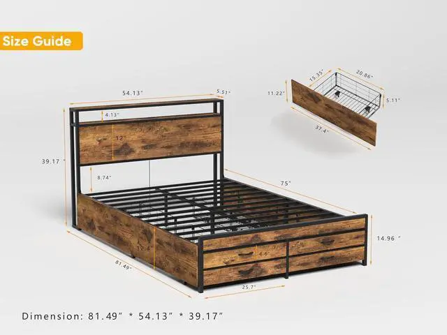 Alt view image 2 of 7 - Full Bedframe with 4 Roll Out Drawers and 4 Footboard Drawers, Metal Platform Bed with LED Headboard with Charging Station, Multi-functional Double Bed with Solid Metal Support, Noise-Free, Brwon