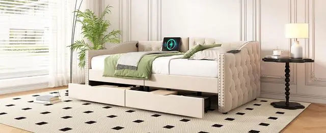 Alt view image 6 of 7 - Twin Velvet Upholstered Daybed with Roll-Out Drawers, Button Tufted Day Bed with USB Charging Ports, Corner Single Bedframe with Solid Wood Slat Support, Guest Bed for Bedroom/Guestroom/Dorm,Beige
