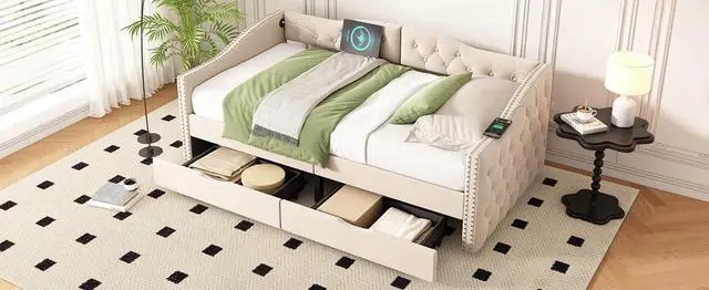 Alt view image 7 of 7 - Twin Velvet Upholstered Daybed with Roll-Out Drawers, Button Tufted Day Bed with USB Charging Ports, Corner Single Bedframe with Solid Wood Slat Support, Guest Bed for Bedroom/Guestroom/Dorm,Beige