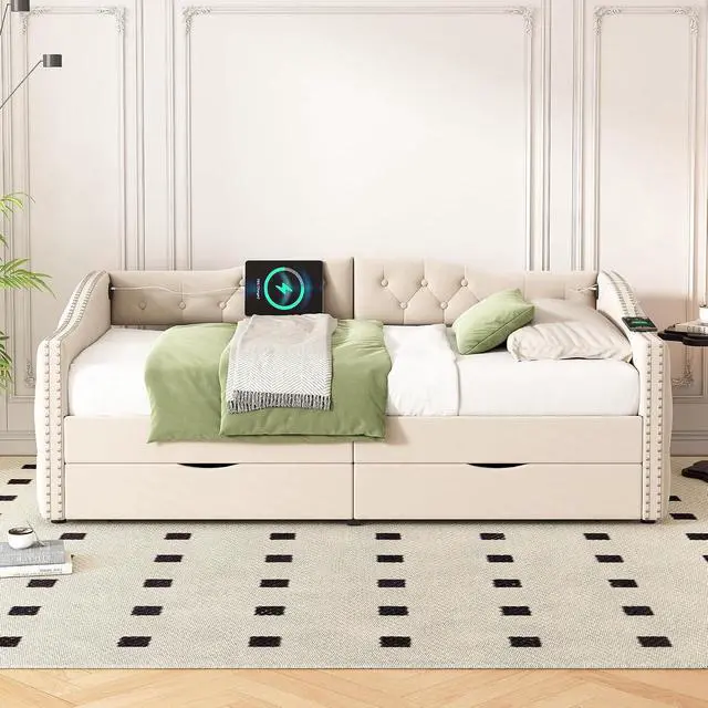 Alt view image 4 of 7 - Twin Velvet Upholstered Daybed with Roll-Out Drawers, Button Tufted Day Bed with USB Charging Ports, Corner Single Bedframe with Solid Wood Slat Support, Guest Bed for Bedroom/Guestroom/Dorm,Beige