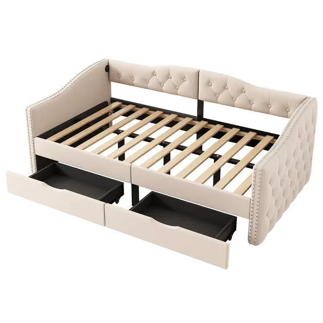 Alt view image 5 of 7 - Twin Velvet Upholstered Daybed with Roll-Out Drawers, Button Tufted Day Bed with USB Charging Ports, Corner Single Bedframe with Solid Wood Slat Support, Guest Bed for Bedroom/Guestroom/Dorm,Beige