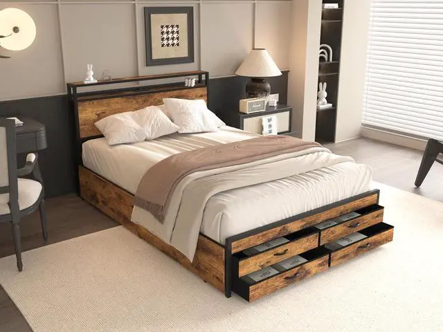 Main image of Queen Bedframe with 4 Roll Out Drawers and 4 Footboard Drawers, Metal Platform Bed with LED Headboard with Charging Station, Multi-functional Double Bed with Solid Metal Support, Noise-Free, Brown
