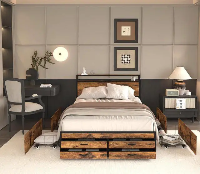 Alt view image 3 of 7 - Queen Bedframe with 4 Roll Out Drawers and 4 Footboard Drawers, Metal Platform Bed with LED Headboard with Charging Station, Multi-functional Double Bed with Solid Metal Support, Noise-Free, Brown
