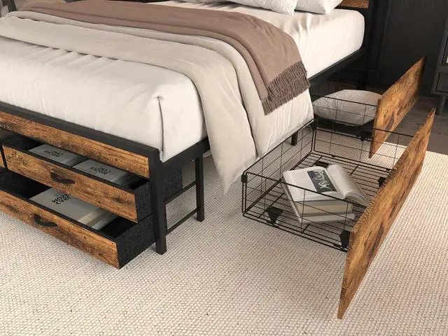 Alt view image 6 of 7 - Queen Bedframe with 4 Roll Out Drawers and 4 Footboard Drawers, Metal Platform Bed with LED Headboard with Charging Station, Multi-functional Double Bed with Solid Metal Support, Noise-Free, Brown