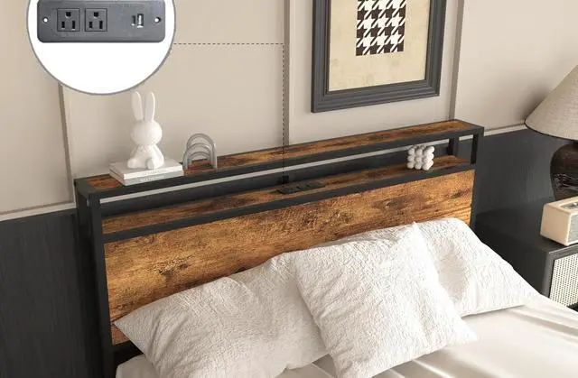 Alt view image 7 of 7 - Queen Bedframe with 4 Roll Out Drawers and 4 Footboard Drawers, Metal Platform Bed with LED Headboard with Charging Station, Multi-functional Double Bed with Solid Metal Support, Noise-Free, Brown