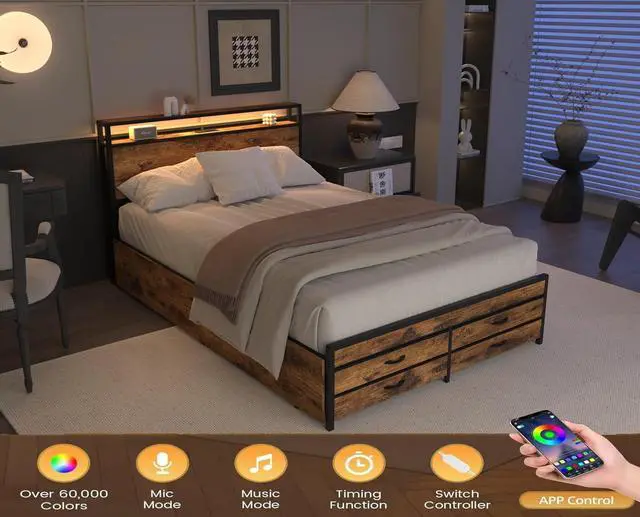 Alt view image 4 of 7 - Queen Bedframe with 4 Roll Out Drawers and 4 Footboard Drawers, Metal Platform Bed with LED Headboard with Charging Station, Multi-functional Double Bed with Solid Metal Support, Noise-Free, Brown