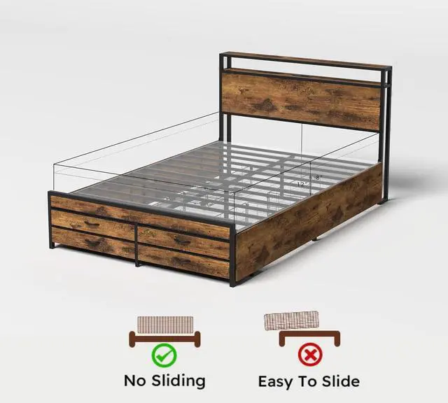 Alt view image 5 of 7 - Queen Bedframe with 4 Roll Out Drawers and 4 Footboard Drawers, Metal Platform Bed with LED Headboard with Charging Station, Multi-functional Double Bed with Solid Metal Support, Noise-Free, Brown