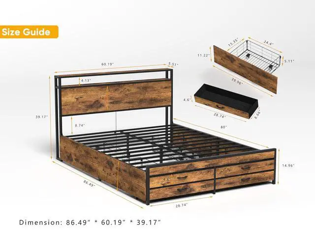 Alt view image 2 of 7 - Queen Bedframe with 4 Roll Out Drawers and 4 Footboard Drawers, Metal Platform Bed with LED Headboard with Charging Station, Multi-functional Double Bed with Solid Metal Support, Noise-Free, Brown