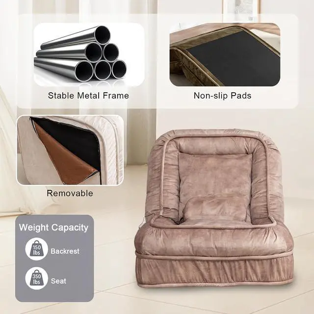 Alt view image 3 of 7 - Floor Lazy Sofa Couch,Gaming Chair with Massage Pillows fits Pet Families,Sleep Chair with 5 Adjustable Position,Comfy Tatami Bean Bag Human Dog Bed for Bedroom/Living room/Space Saving,Brown