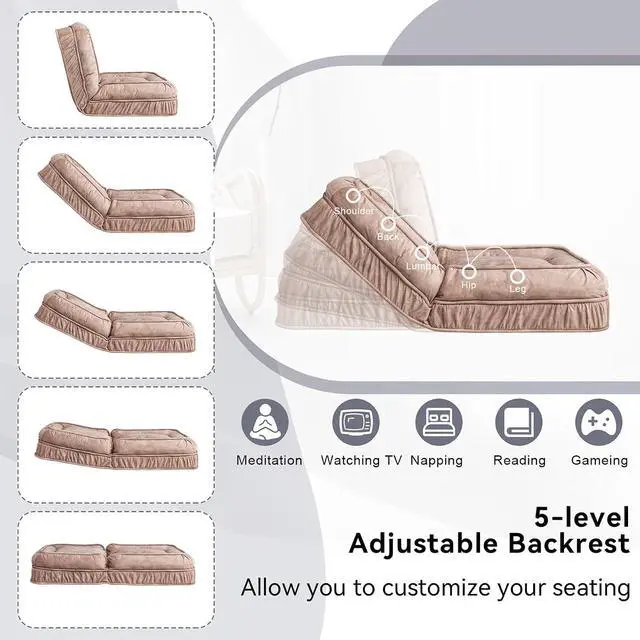 Alt view image 4 of 7 - Floor Lazy Sofa Couch,Gaming Chair with Massage Pillows fits Pet Families,Sleep Chair with 5 Adjustable Position,Comfy Tatami Bean Bag Human Dog Bed for Bedroom/Living room/Space Saving,Brown