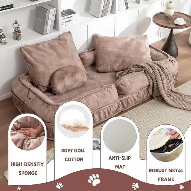 Alt view image 5 of 7 - Floor Lazy Sofa Couch,Gaming Chair with Massage Pillows fits Pet Families,Sleep Chair with 5 Adjustable Position,Comfy Tatami Bean Bag Human Dog Bed for Bedroom/Living room/Space Saving,Brown