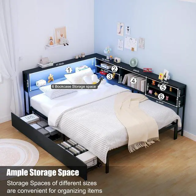 Alt view image 5 of 7 - Wooden Full Daybed with Storage Drawers, Full Bed Frame with Storage Bookcase, Corner Day Bed with Charging Station and LED Light, Bedroom Furniture for Guest Room, Apartment, Study Room, Black