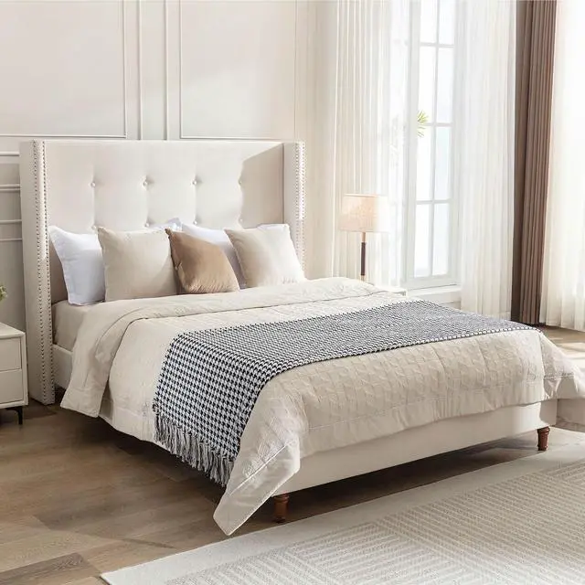 Main image of Queen Bed Frame with Wingback Headboard, 54" High Headboard Velvet Upholstered Double Bed Frame with Buttoned Tufting / Nailhead Trim Decor, Solid Wooden Slats Support, No Box Spring Needed, Ivory