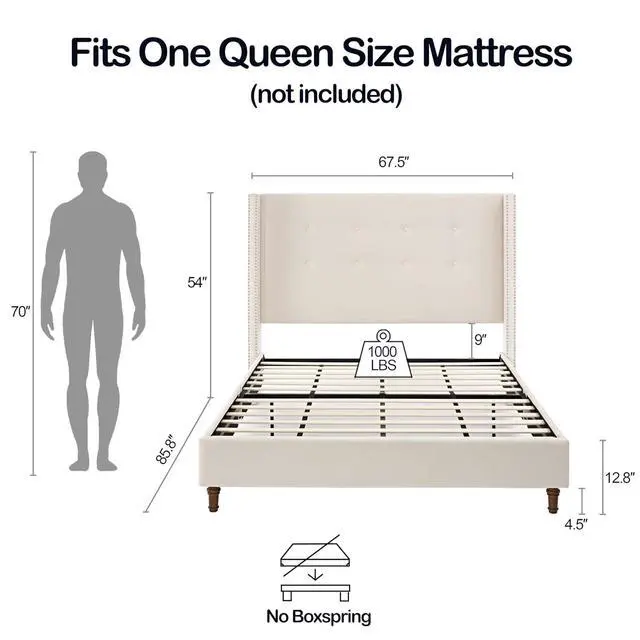 Alt view image 2 of 7 - Queen Bed Frame with Wingback Headboard, 54" High Headboard Velvet Upholstered Double Bed Frame with Buttoned Tufting / Nailhead Trim Decor, Solid Wooden Slats Support, No Box Spring Needed, Ivory