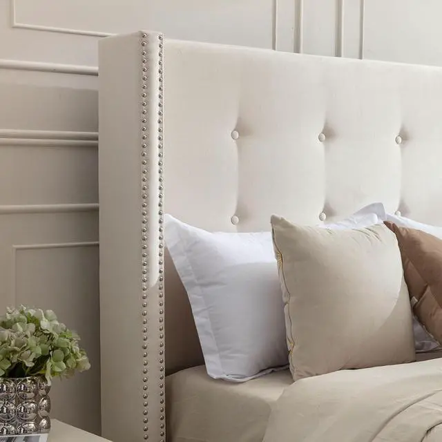 Alt view image 4 of 7 - Queen Bed Frame with Wingback Headboard, 54" High Headboard Velvet Upholstered Double Bed Frame with Buttoned Tufting / Nailhead Trim Decor, Solid Wooden Slats Support, No Box Spring Needed, Ivory
