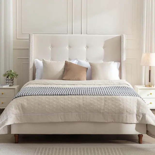 Alt view image 3 of 7 - Queen Bed Frame with Wingback Headboard, 54" High Headboard Velvet Upholstered Double Bed Frame with Buttoned Tufting / Nailhead Trim Decor, Solid Wooden Slats Support, No Box Spring Needed, Ivory