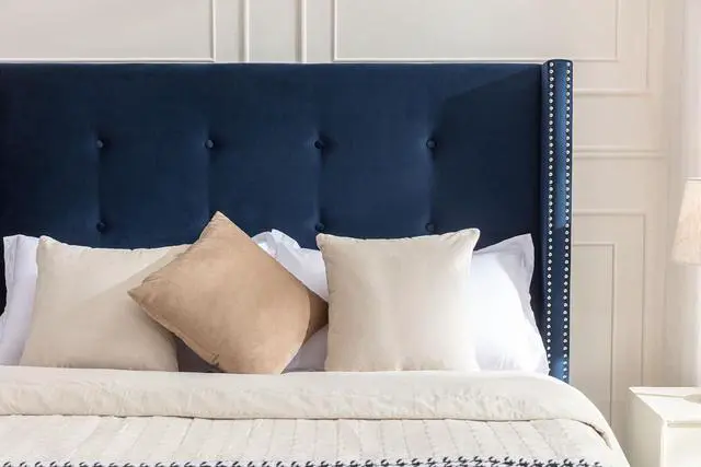 Alt view image 3 of 7 - Queen Bed with Wingback Headboard, 54" High Headboard Velvet Upholstered Bed Frame with Buttoned Tufting / Nailhead Trim Decor, Double Bed with Solid Wooden Slats Support, No Box Spring Needed, Blue