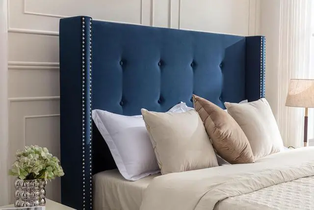 Alt view image 4 of 7 - Queen Bed with Wingback Headboard, 54" High Headboard Velvet Upholstered Bed Frame with Buttoned Tufting / Nailhead Trim Decor, Double Bed with Solid Wooden Slats Support, No Box Spring Needed, Blue