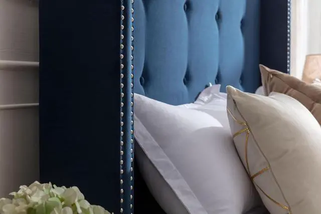 Alt view image 5 of 7 - Queen Bed with Wingback Headboard, 54" High Headboard Velvet Upholstered Bed Frame with Buttoned Tufting / Nailhead Trim Decor, Double Bed with Solid Wooden Slats Support, No Box Spring Needed, Blue