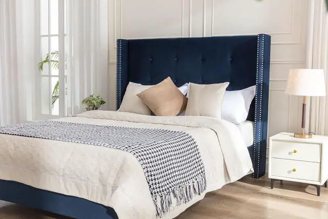 Alt view image 6 of 7 - Queen Bed with Wingback Headboard, 54" High Headboard Velvet Upholstered Bed Frame with Buttoned Tufting / Nailhead Trim Decor, Double Bed with Solid Wooden Slats Support, No Box Spring Needed, Blue