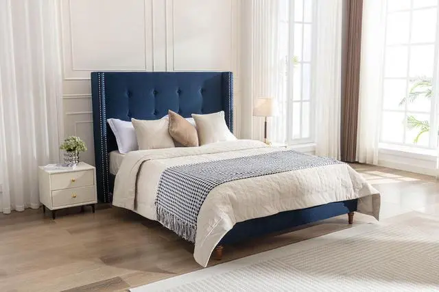 Alt view image 7 of 7 - Queen Bed with Wingback Headboard, 54" High Headboard Velvet Upholstered Bed Frame with Buttoned Tufting / Nailhead Trim Decor, Double Bed with Solid Wooden Slats Support, No Box Spring Needed, Blue