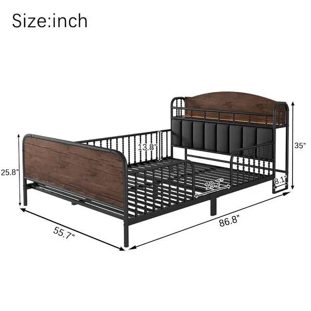 Alt view image 2 of 7 - Full Metal Bed Frame with Soft Velvet Upholstered Headboard, Low Profile Platform Bed Frame with Headboard Storage Shelf and Light, Double Bed with Footboard and Guardrails, Noise Free, Black