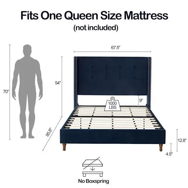 Alt view image 2 of 7 - Queen Bed with Wingback Headboard, 54" High Headboard Velvet Upholstered Bed Frame with Buttoned Tufting / Nailhead Trim Decor, Double Bed with Solid Wooden Slats Support, No Box Spring Needed, Blue