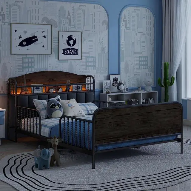 Alt view image 3 of 7 - Full Metal Bed Frame with Soft Velvet Upholstered Headboard, Low Profile Platform Bed Frame with Headboard Storage Shelf and Light, Double Bed with Footboard and Guardrails, Noise Free, Black