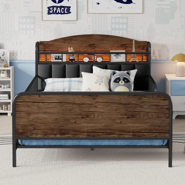 Alt view image 4 of 7 - Full Metal Bed Frame with Soft Velvet Upholstered Headboard, Low Profile Platform Bed Frame with Headboard Storage Shelf and Light, Double Bed with Footboard and Guardrails, Noise Free, Black