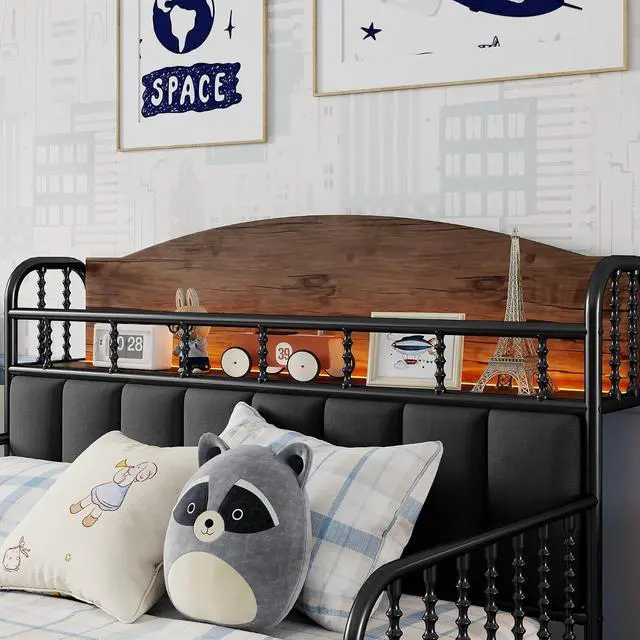 Alt view image 5 of 7 - Full Metal Bed Frame with Soft Velvet Upholstered Headboard, Low Profile Platform Bed Frame with Headboard Storage Shelf and Light, Double Bed with Footboard and Guardrails, Noise Free, Black