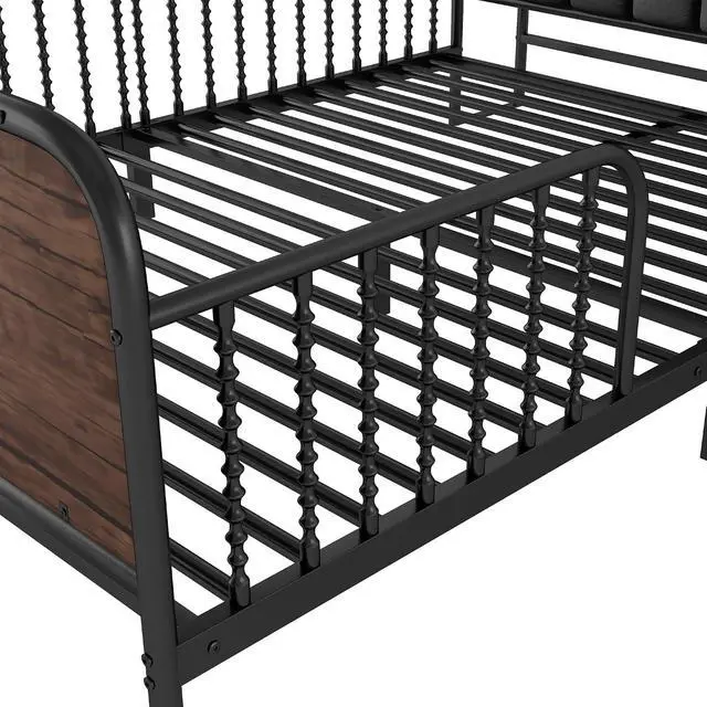 Alt view image 7 of 7 - Full Metal Bed Frame with Soft Velvet Upholstered Headboard, Low Profile Platform Bed Frame with Headboard Storage Shelf and Light, Double Bed with Footboard and Guardrails, Noise Free, Black