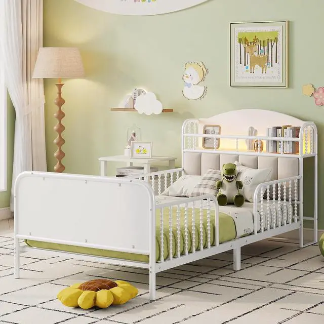 Main image of Twin Metal Bed Frame with Soft Velvet Upholstered Headboard, Low Profile Platform Bed Frame with Headboard Storage Shelf and Light, Single Bed with Footboard and Guardrails, Noise Free, White