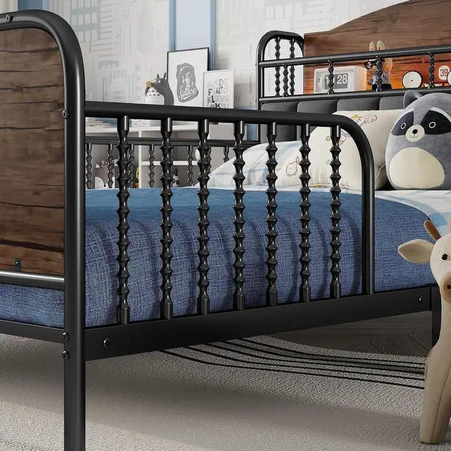Alt view image 6 of 7 - Full Metal Bed Frame with Soft Velvet Upholstered Headboard, Low Profile Platform Bed Frame with Headboard Storage Shelf and Light, Double Bed with Footboard and Guardrails, Noise Free, Black