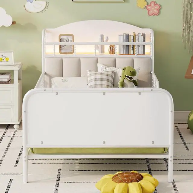 Alt view image 3 of 7 - Twin Metal Bed Frame with Soft Velvet Upholstered Headboard, Low Profile Platform Bed Frame with Headboard Storage Shelf and Light, Single Bed with Footboard and Guardrails, Noise Free, White