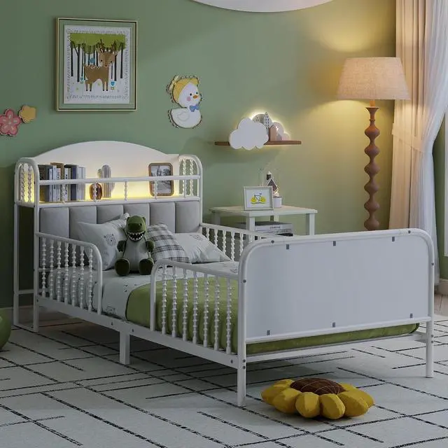 Alt view image 2 of 7 - Twin Metal Bed Frame with Soft Velvet Upholstered Headboard, Low Profile Platform Bed Frame with Headboard Storage Shelf and Light, Single Bed with Footboard and Guardrails, Noise Free, White