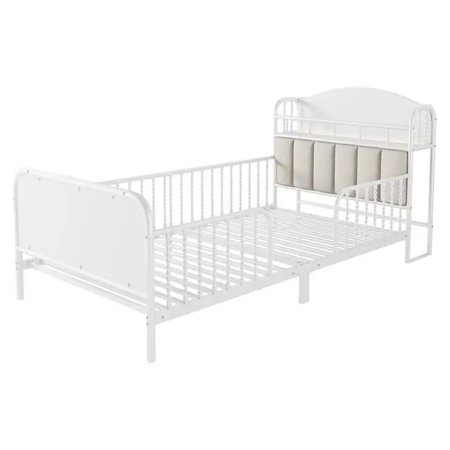 Alt view image 7 of 7 - Twin Metal Bed Frame with Soft Velvet Upholstered Headboard, Low Profile Platform Bed Frame with Headboard Storage Shelf and Light, Single Bed with Footboard and Guardrails, Noise Free, White