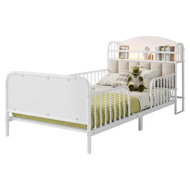 Alt view image 6 of 7 - Twin Metal Bed Frame with Soft Velvet Upholstered Headboard, Low Profile Platform Bed Frame with Headboard Storage Shelf and Light, Single Bed with Footboard and Guardrails, Noise Free, White