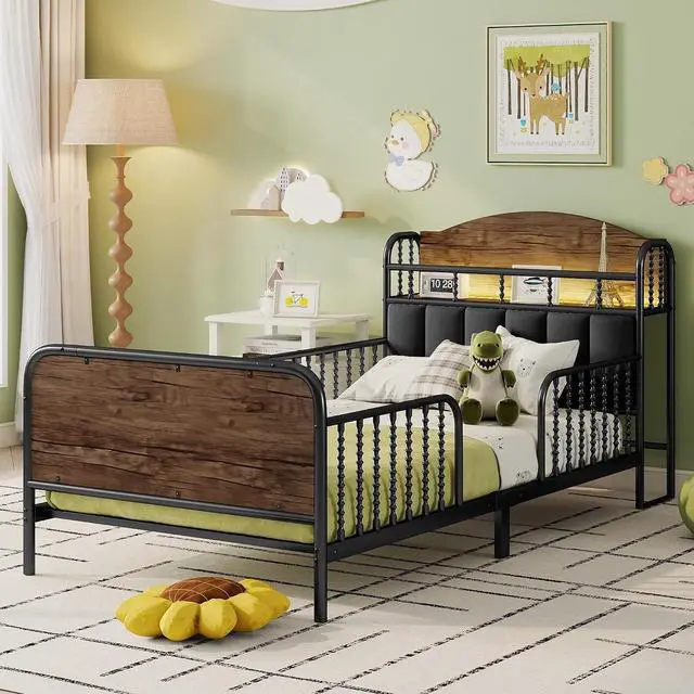 Main image of Twin Metal Bed Frame with Soft Velvet Upholstered Headboard, Low Profile Platform Bed Frame with Headboard Storage Shelf and Light, Single Bed with Footboard and Guardrails, Noise Free, Black
