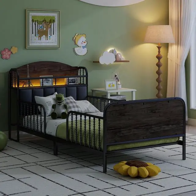 Alt view image 2 of 7 - Twin Metal Bed Frame with Soft Velvet Upholstered Headboard, Low Profile Platform Bed Frame with Headboard Storage Shelf and Light, Single Bed with Footboard and Guardrails, Noise Free, Black