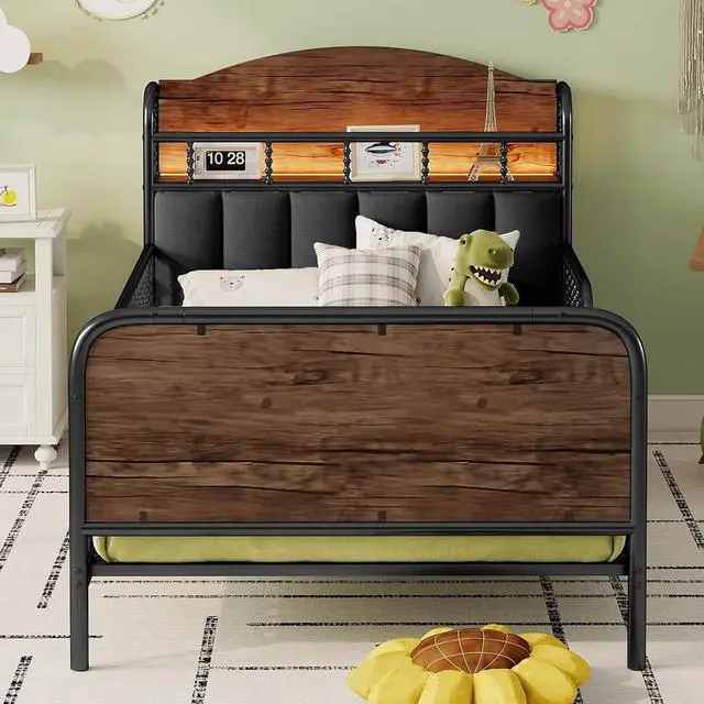 Alt view image 3 of 7 - Twin Metal Bed Frame with Soft Velvet Upholstered Headboard, Low Profile Platform Bed Frame with Headboard Storage Shelf and Light, Single Bed with Footboard and Guardrails, Noise Free, Black