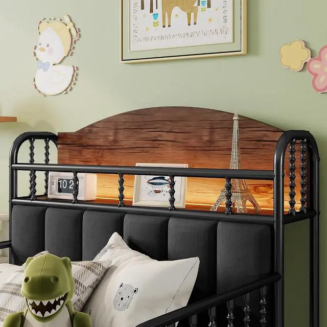 Alt view image 4 of 7 - Twin Metal Bed Frame with Soft Velvet Upholstered Headboard, Low Profile Platform Bed Frame with Headboard Storage Shelf and Light, Single Bed with Footboard and Guardrails, Noise Free, Black