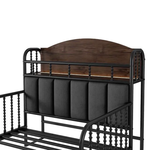 Alt view image 6 of 7 - Twin Metal Bed Frame with Soft Velvet Upholstered Headboard, Low Profile Platform Bed Frame with Headboard Storage Shelf and Light, Single Bed with Footboard and Guardrails, Noise Free, Black