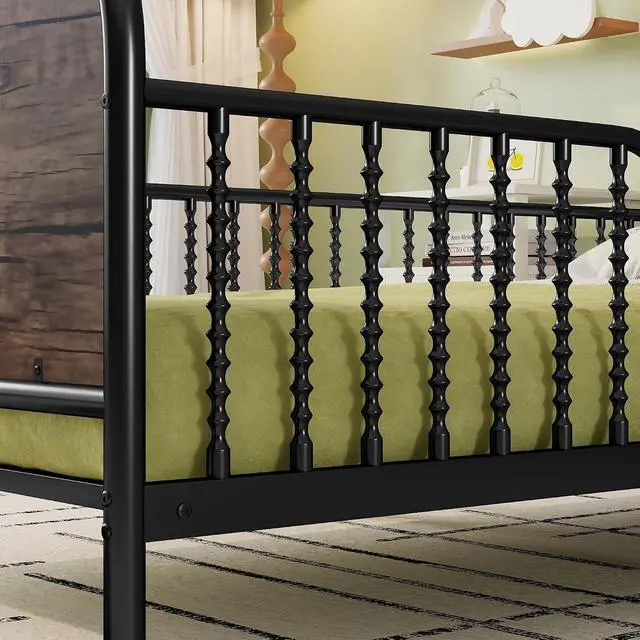 Alt view image 5 of 7 - Twin Metal Bed Frame with Soft Velvet Upholstered Headboard, Low Profile Platform Bed Frame with Headboard Storage Shelf and Light, Single Bed with Footboard and Guardrails, Noise Free, Black