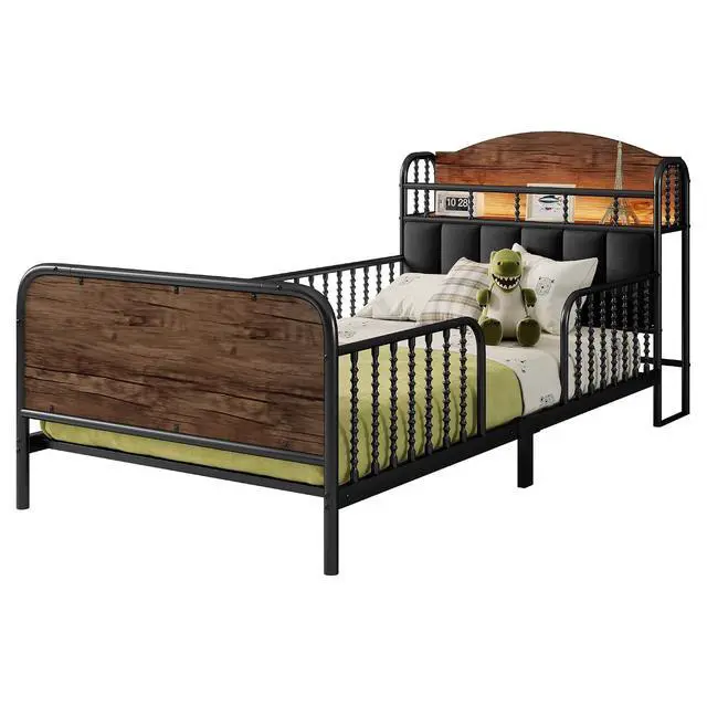 Alt view image 7 of 7 - Twin Metal Bed Frame with Soft Velvet Upholstered Headboard, Low Profile Platform Bed Frame with Headboard Storage Shelf and Light, Single Bed with Footboard and Guardrails, Noise Free, Black