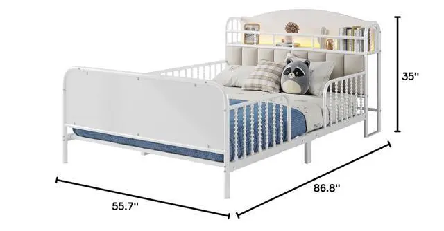 Alt view image 2 of 7 - Full Metal Bed Frame with Soft Velvet Upholstered Headboard, Low Profile Platform Bed Frame with Headboard Storage Shelf and Light, Double Bed with Footboard and Guardrails, Noise Free, White