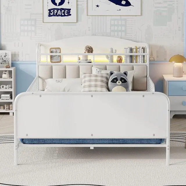 Alt view image 4 of 7 - Full Metal Bed Frame with Soft Velvet Upholstered Headboard, Low Profile Platform Bed Frame with Headboard Storage Shelf and Light, Double Bed with Footboard and Guardrails, Noise Free, White