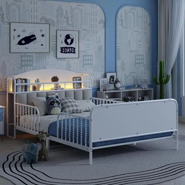 Alt view image 3 of 7 - Full Metal Bed Frame with Soft Velvet Upholstered Headboard, Low Profile Platform Bed Frame with Headboard Storage Shelf and Light, Double Bed with Footboard and Guardrails, Noise Free, White