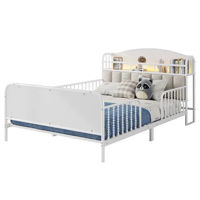 Alt view image 7 of 7 - Full Metal Bed Frame with Soft Velvet Upholstered Headboard, Low Profile Platform Bed Frame with Headboard Storage Shelf and Light, Double Bed with Footboard and Guardrails, Noise Free, White